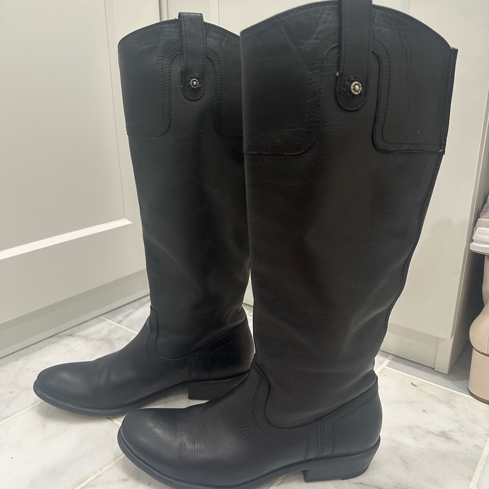 FRYE Melissa Button Black Leather Riding Boots - Size 8 Great Condition